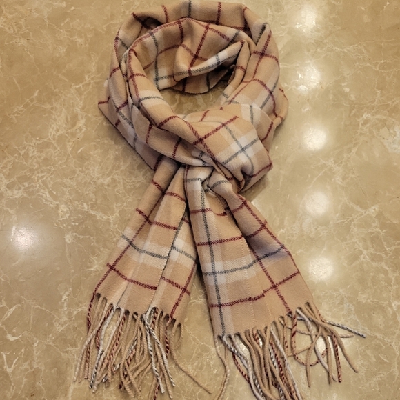 Cozy Tan and Red Plaid Scarf with Tassel Fringe, OS - Picture 1 of 9